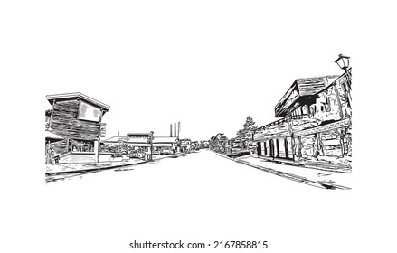 Building view with landmark of Morro Bay is a coastal city in California. Hand drawn sketch illustration in vector.