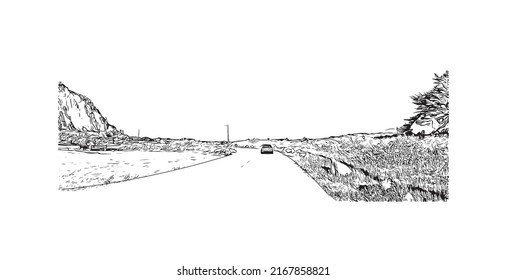 Building view with landmark of Morro Bay is a coastal city in California. Hand drawn sketch illustration in vector.