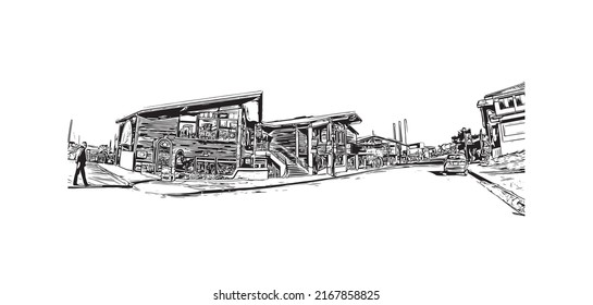 Building view with landmark of Morro Bay is a coastal city in California. Hand drawn sketch illustration in vector.