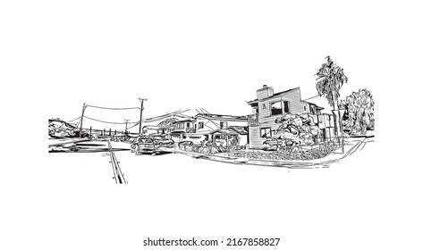 Building view with landmark of Morro Bay is a coastal city in California. Hand drawn sketch illustration in vector.