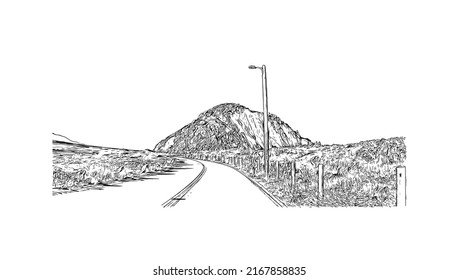 Building View With Landmark Of Morro Bay Is A Coastal City In California. Hand Drawn Sketch Illustration In Vector.