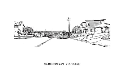 Building view with landmark of Morro Bay is a coastal city in California. Hand drawn sketch illustration in vector.