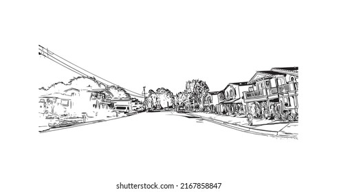 Building view with landmark of Morro Bay is a coastal city in California. Hand drawn sketch illustration in vector.