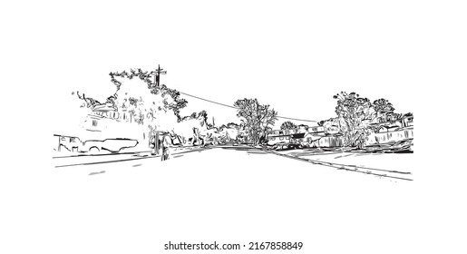 Construir vistas con monumentos de la bahía de Morro es una ciudad costera en California. Dibujo a mano de ilustración de esbozo en vector.