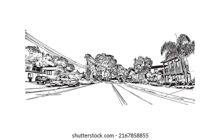 Construir vistas con monumentos de la bahía de Morro es una ciudad costera en California. Dibujo a mano de ilustración de esbozo en vector.