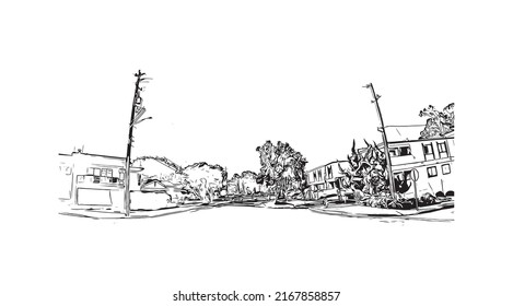 Construir vistas con monumentos de la bahía de Morro es una ciudad costera en California. Dibujo a mano de ilustración de esbozo en vector.
