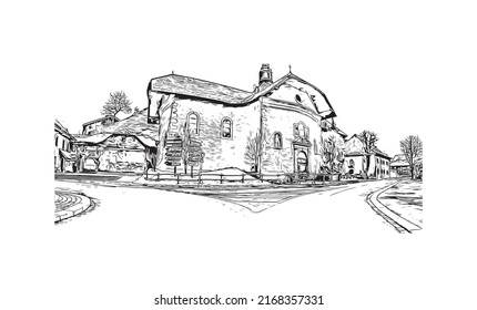 Building view with landmark of Morzine is the 
commune in France. Hand drawn sketch illustration in vector.