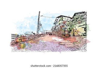 Building view with landmark of Morzine is the 
commune in France. Watercolor splash with hand drawn sketch illustration in vector.