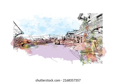 Building view with landmark of Morzine is the 
commune in France. Watercolor splash with hand drawn sketch illustration in vector.