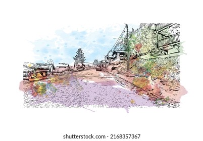 Building view with landmark of Morzine is the 
commune in France. Watercolor splash with hand drawn sketch illustration in vector.