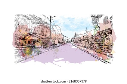 Building view with landmark of Morzine is the 
commune in France. Watercolor splash with hand drawn sketch illustration in vector.