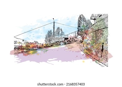 Building view with landmark of Morzine is the 
commune in France. Watercolor splash with hand drawn sketch illustration in vector.