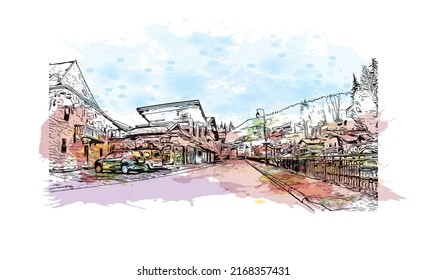 La vista de edificio con un punto de referencia de Morzine es el 
comuna en Francia. Salto de color de agua con ilustración de esbozo dibujada a mano en vector.