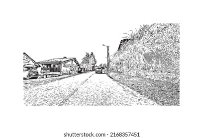 Building view with landmark of Morzine is the 
commune in France. Hand drawn sketch illustration in vector.