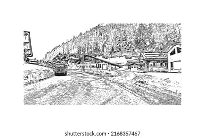 Building view with landmark of Morzine is the 
commune in France. Hand drawn sketch illustration in vector.