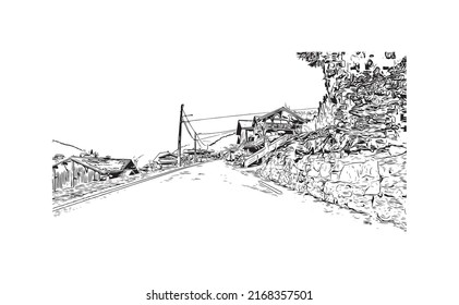 Building view with landmark of Morzine is the 
commune in France. Hand drawn sketch illustration in vector.