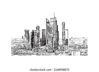 Building view with landmark of Moscow is the 
capital of Russia. Hand drawn sketch illustration in vector.