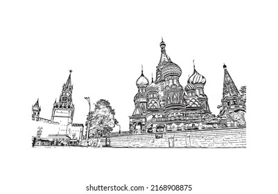 Building view with landmark of Moscow is the 
capital of Russia. Hand drawn sketch illustration in vector.