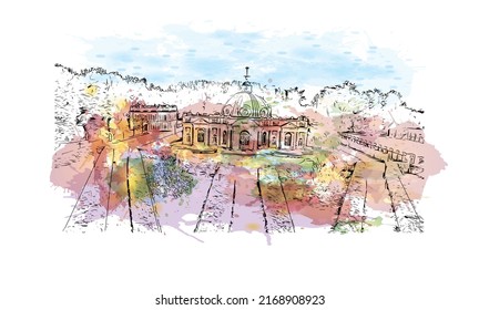 Building view with landmark of Moscow is the 
capital of Russia. Watercolor splash with hand drawn sketch illustration in vector.