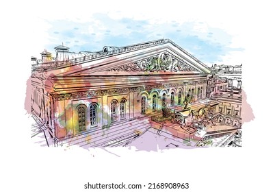 Building view with landmark of Moscow is the 
capital of Russia. Watercolor splash with hand drawn sketch illustration in vector.