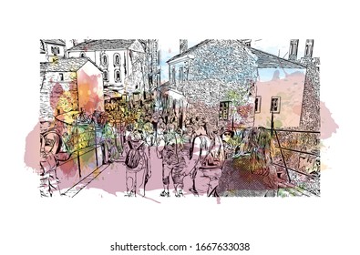 Building view with landmark of Mostar is a city in southern Bosnia and Herzegovina, straddling the Neretva River. Watercolor splash with Hand drawn sketch illustration in vector.