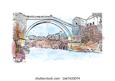 Building view with landmark of Mostar is a city in southern Bosnia and Herzegovina, straddling the Neretva River. Watercolor splash with Hand drawn sketch illustration in vector.