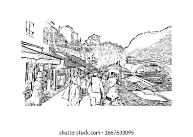 Building view with landmark of Mostar is a city in southern Bosnia and Herzegovina, straddling the Neretva River. Hand drawn sketch illustration in vector.