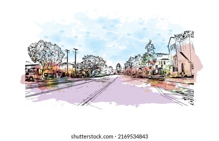 Building view with landmark of Mountain View is the 
city in California. Watercolor splash with hand drawn sketch illustration in vector.