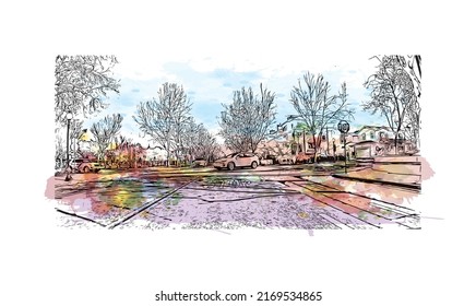 La vista de edificio con un punto de referencia de Mountain View es la 
ciudad de California. Salto de color de agua con ilustración de esbozo dibujada a mano en vector.