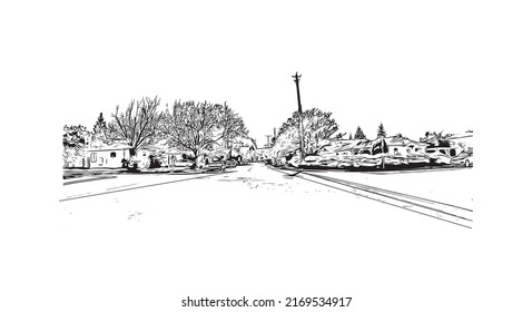 Building view with landmark of Mountain View is the 
city in California. Hand drawn sketch illustration in vector.