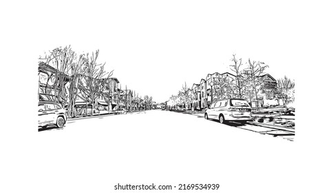 Building view with landmark of Mountain View is the 
city in California. Hand drawn sketch illustration in vector.