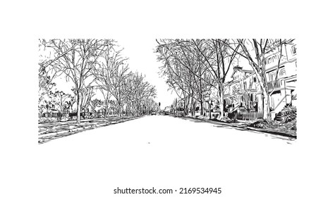 Building view with landmark of Mountain View is the 
city in California. Hand drawn sketch illustration in vector.