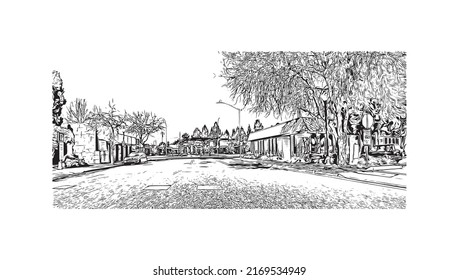 Building view with landmark of Mountain View is the 
city in California. Hand drawn sketch illustration in vector.