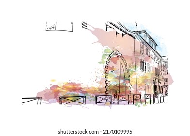 Building view with landmark of Mulhouse is a city in eastern France. Watercolor splash with hand drawn sketch illustration in vector.