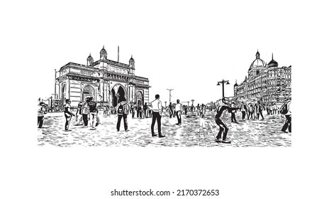 Building View With Landmark Of Mumbai Is The 
City In India. Hand Drawn Sketch Illustration In Vector.
