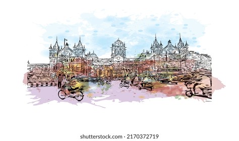 Building view with landmark of Mumbai is the 
city in India. Watercolor splash with hand drawn sketch illustration in vector.