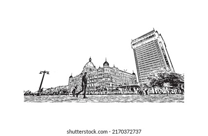 Building View With Landmark Of Mumbai Is The 
City In India. Hand Drawn Sketch Illustration In Vector.