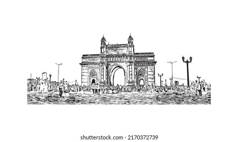 Building view with landmark of Mumbai is the 
city in India. Hand drawn sketch illustration in vector.