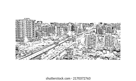 Building view with landmark of Mumbai is the 
city in India. Hand drawn sketch illustration in vector.