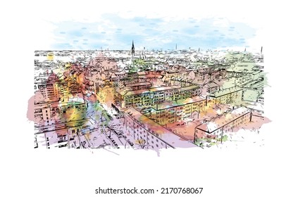 La vista de edificio con un punto de referencia de Múnich es el 
ciudad de Alemania. Salto de color de agua con ilustración de esbozo dibujada a mano en vector.