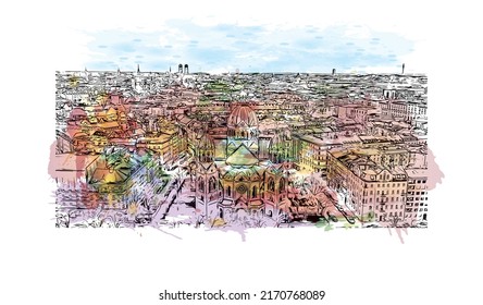 Building view with landmark of Munich is the 
city in Germany. Watercolor splash with hand drawn sketch illustration in vector.