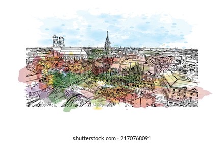 Building view with landmark of Munich is the 
city in Germany. Watercolor splash with hand drawn sketch illustration in vector.