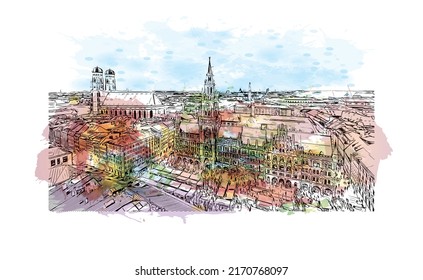 Bausicht mit Wahrzeichen Münchens ist die 
Stadt in Deutschland. Aquarellspritzer mit handgezeichneter Skizzengrafik in Vektorgrafik.