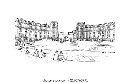 Building view with landmark of Munich is the 
city in Germany. Hand drawn sketch illustration in vector.