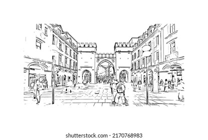 Building view with landmark of Munich is the 
city in Germany. Hand drawn sketch illustration in vector.