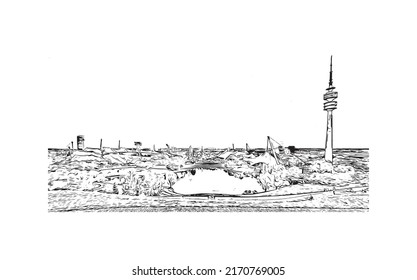La vista de edificio con un punto de referencia de Múnich es el 
ciudad de Alemania. Dibujo a mano de ilustración de esbozo en vector.