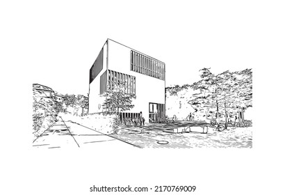Building view with landmark of Munich is the 
city in Germany. Hand drawn sketch illustration in vector.
