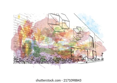 Building view with landmark of Munster is a city in western Germany. Watercolor splash with hand drawn sketch illustration in vector.