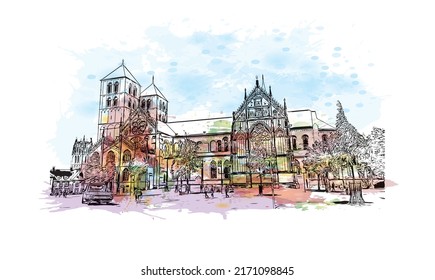 Building view with landmark of Munster is a city in western Germany. Watercolor splash with hand drawn sketch illustration in vector.