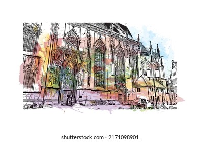 Building view with landmark of Munster is a city in western Germany. Watercolor splash with hand drawn sketch illustration in vector.